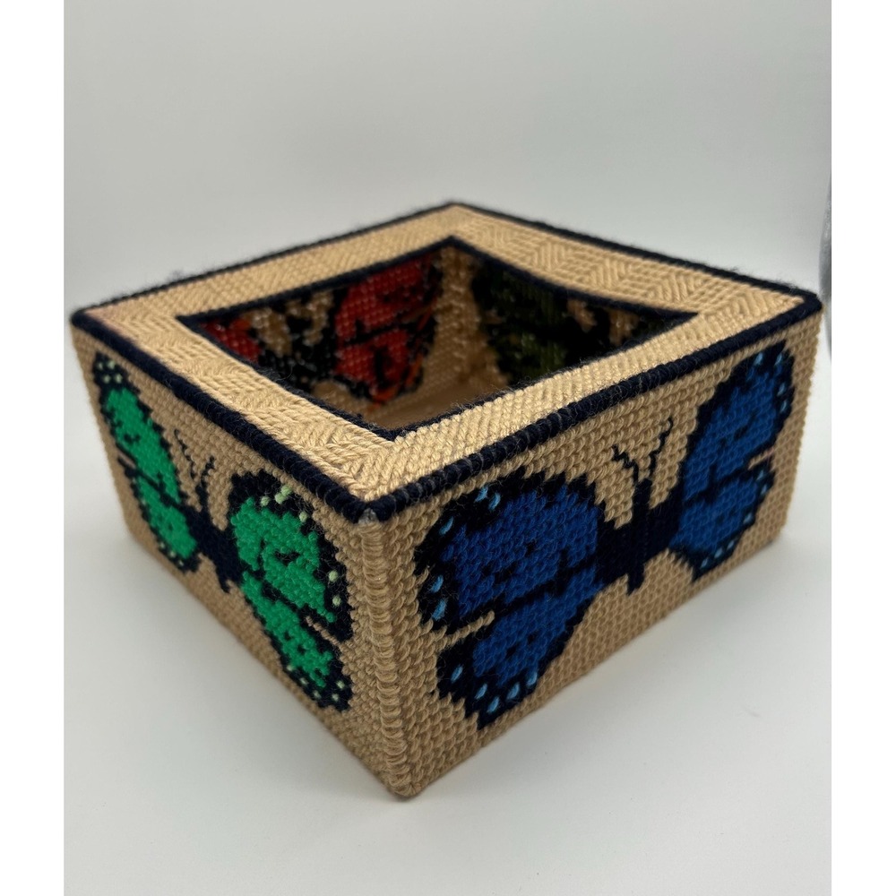 Handmade Needlepoint Butterfly Tissue Box Cover Yarn Art‎ Cottagecore Decor